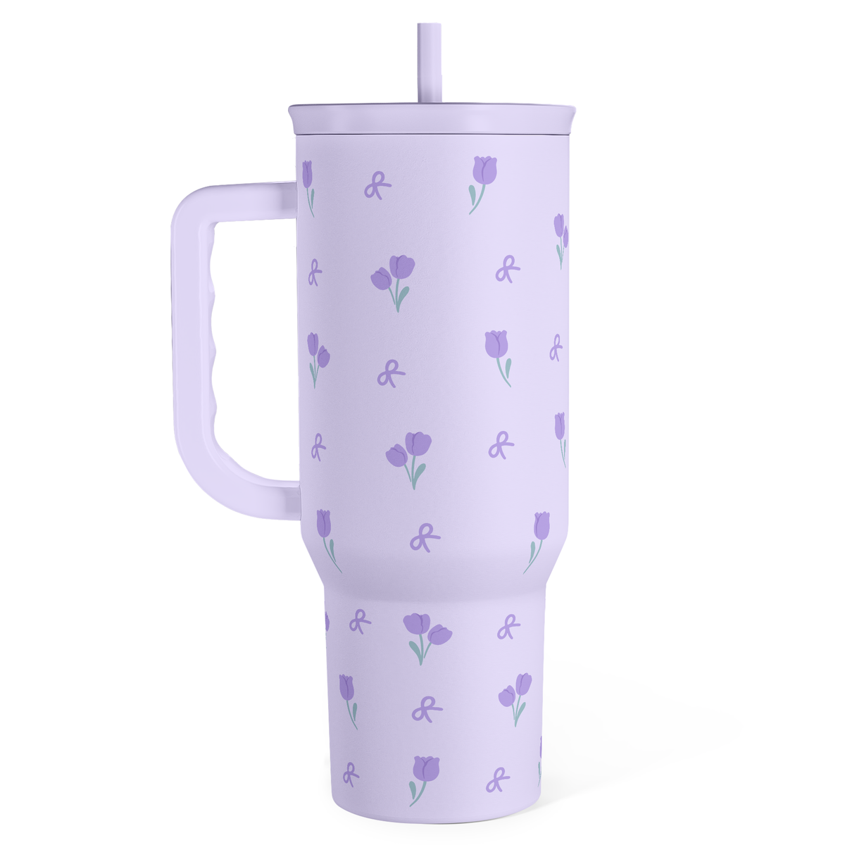 40oz purple floral insulated slider tumbler with lid, straw, and side handle