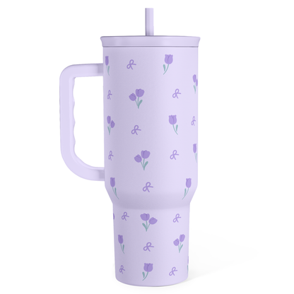 40oz purple floral insulated slider tumbler with lid, straw, and side handle