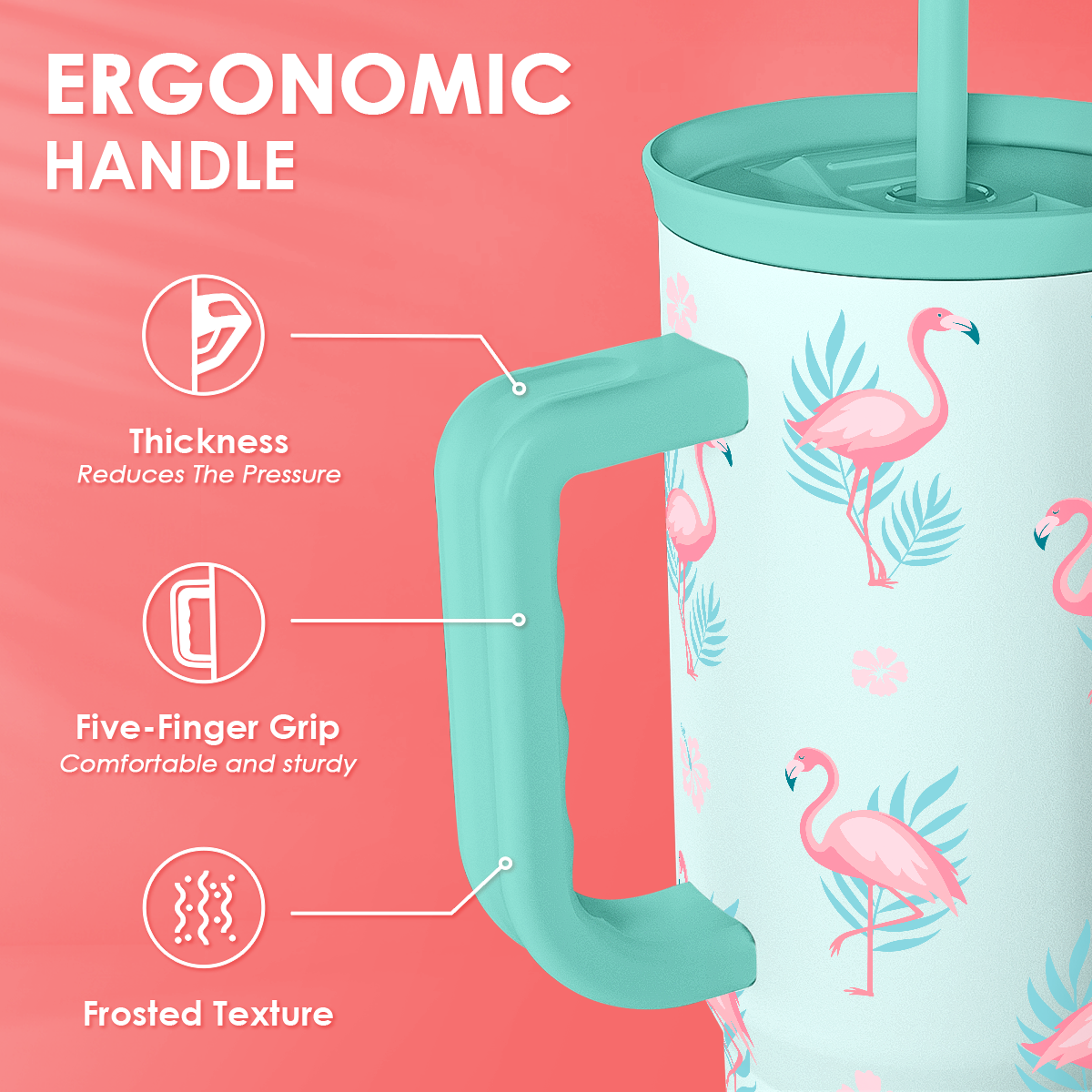 Mint Slidemate tumbler with ergonomic handle, straw lid, pink flamingo pattern