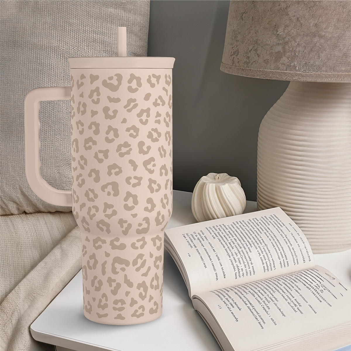 Leopard-print 40 oz tumbler with handle and straw, beige tan spots with extra parts