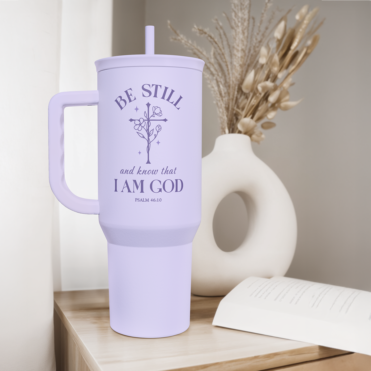 Lavender Christian tumbler with handle and straw, front quote graphic on the cup