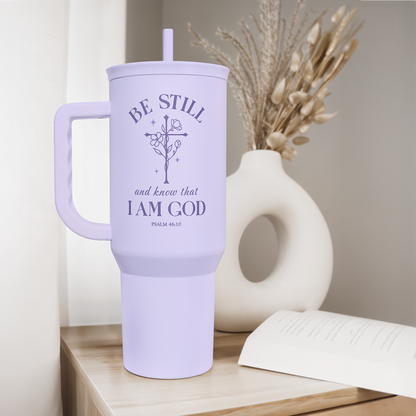 Lavender Christian tumbler with handle and straw, front quote graphic on the cup