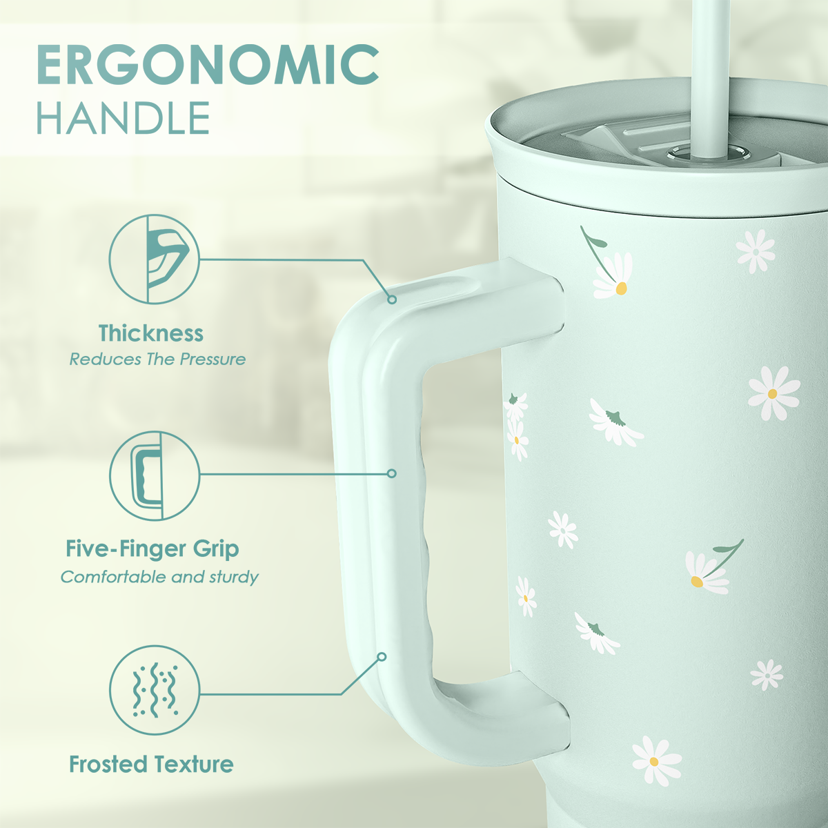 Mint daisy 40oz tumbler with ergonomic side handle grip