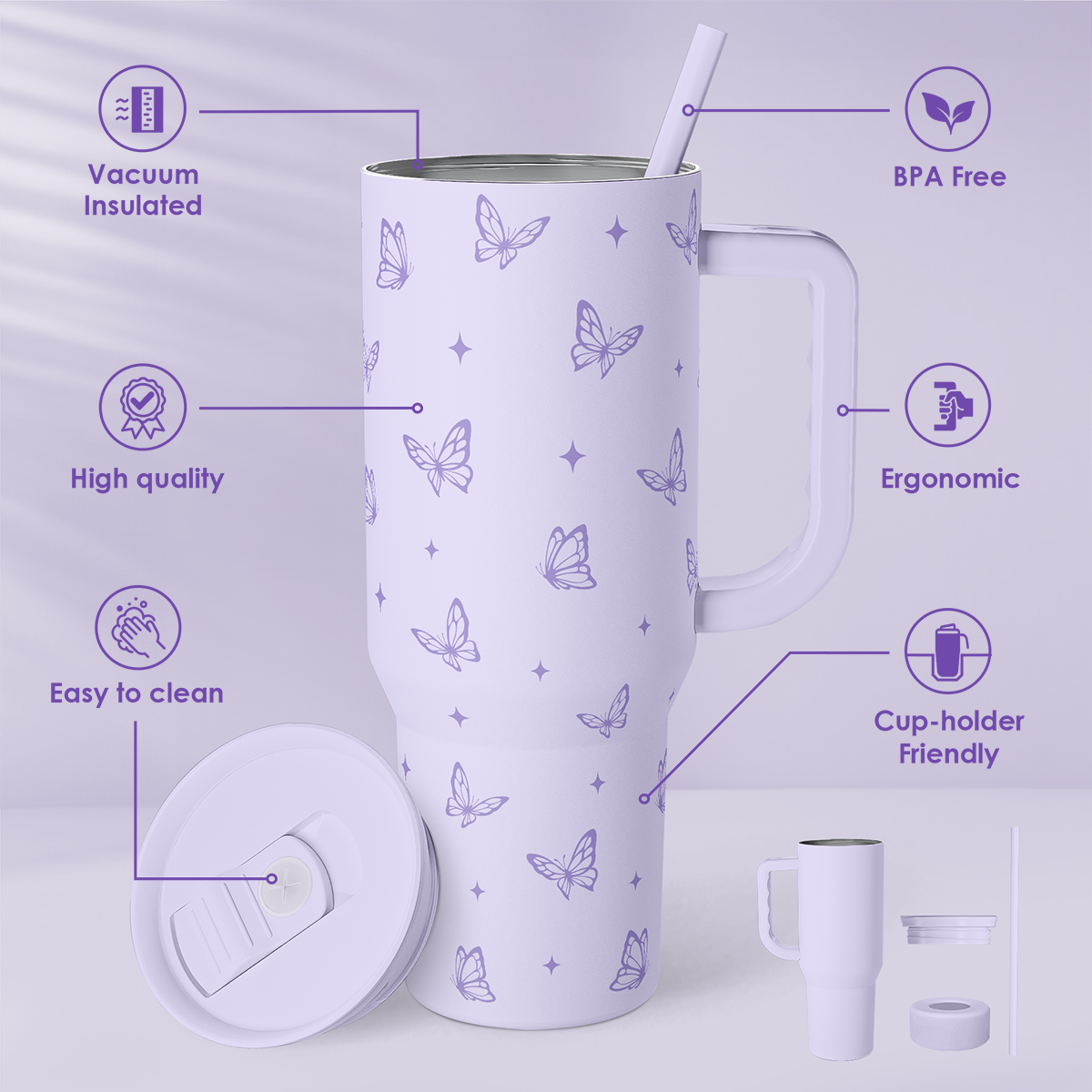 Lilac tumbler with butterfly print, handle, and straw with slide lid; shown with lid parts.