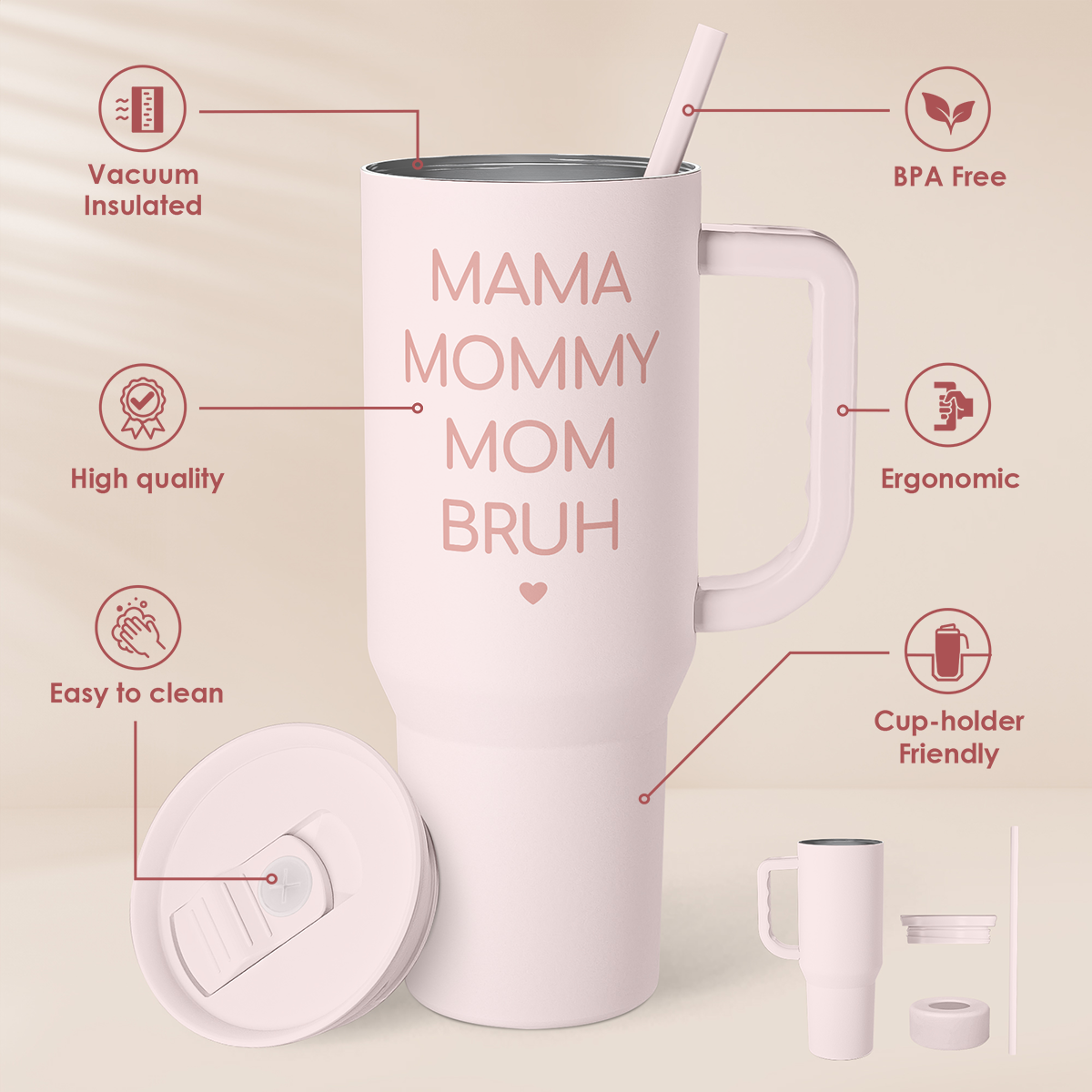 Pink 40oz slider tumbler with handle showing “MAMA MOMMY MOM BRUH” text and lid