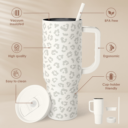 40oz white tumbler with gray leopard print, straw and side handle, parts shown