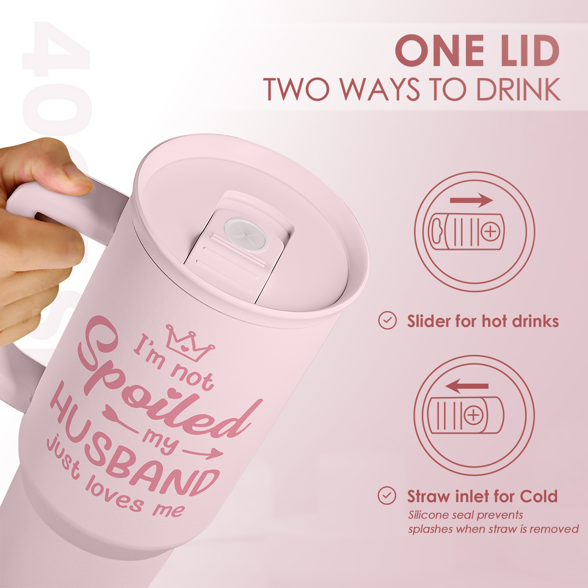 Pink tumbler with slide lid and straw inlet; one lid for hot and cold drinking
