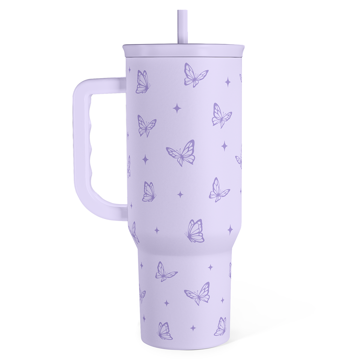 Lilac 40oz tumbler with handle, slide lid, and purple butterfly pattern; straw top.