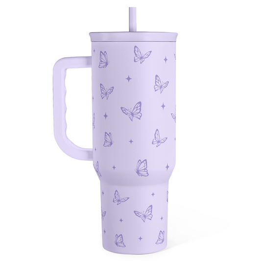 Lilac 40oz tumbler with handle, slide lid, and purple butterfly pattern; straw top.
