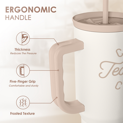 White tumbler handle with frosted grip texture and straw; “Cool Teachers Club” logo