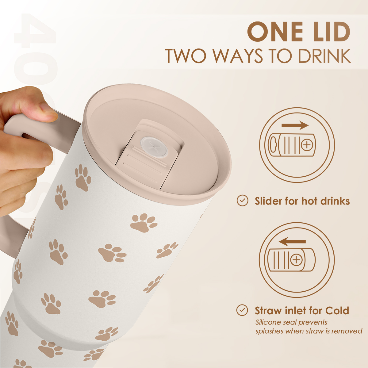 Brown Dog Slidemate tumbler with sliding lid and straw inlet, tan paw prints on white