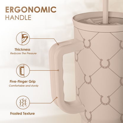 Brown Horse Slidemate 40oz beige slider tumbler with ergonomic handle and frosted texture