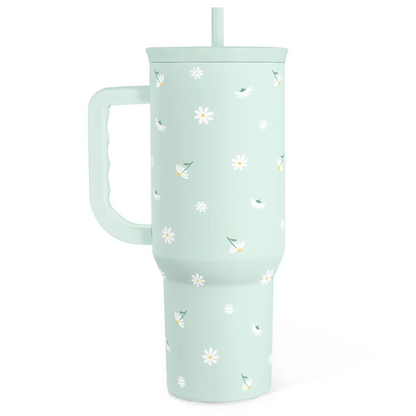 Mint daisy 40oz tumbler with side handle and straw lid