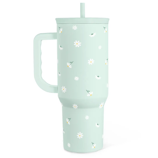 Mint daisy 40oz tumbler with side handle and straw lid
