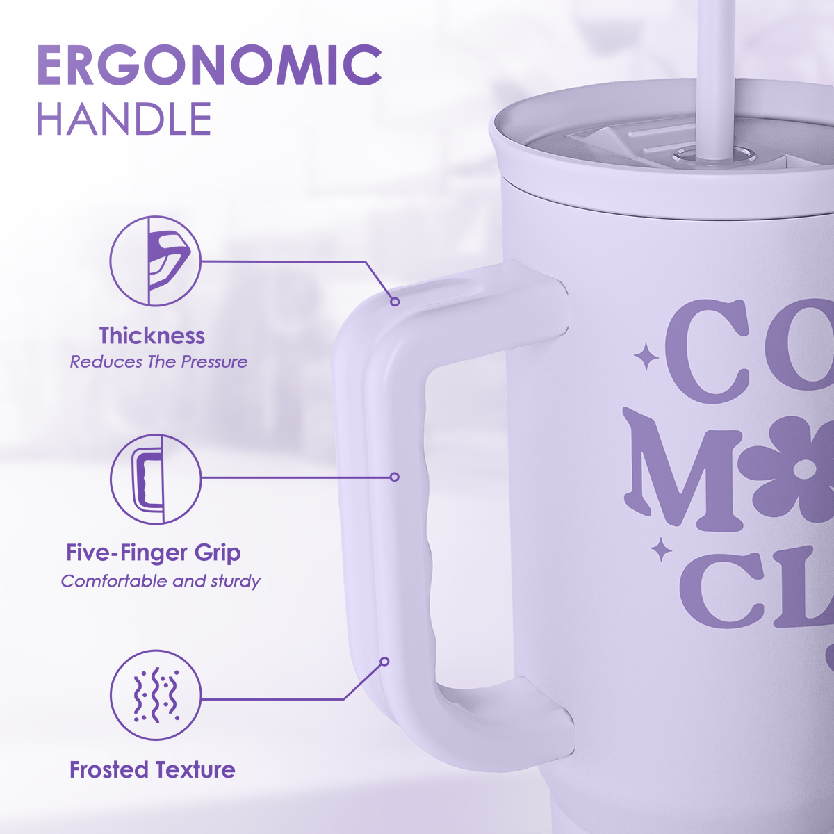 Lavender tumbler with ergonomic handle grip and frosted-texture detailing