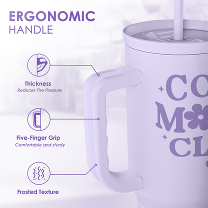 Lavender tumbler with ergonomic handle grip and frosted-texture detailing