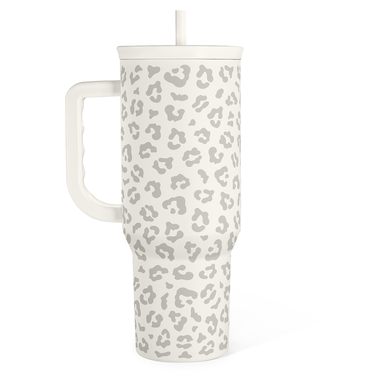 40oz white tumbler with gray leopard print, flip lid and straight straw