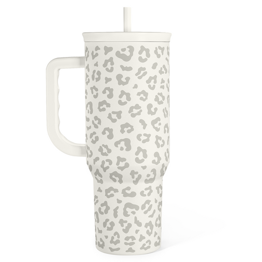 40oz white tumbler with gray leopard print, flip lid and straight straw