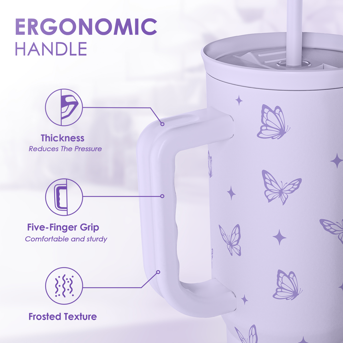 Purple tumbler with ergonomic handle and butterfly pattern; close view of side grip.