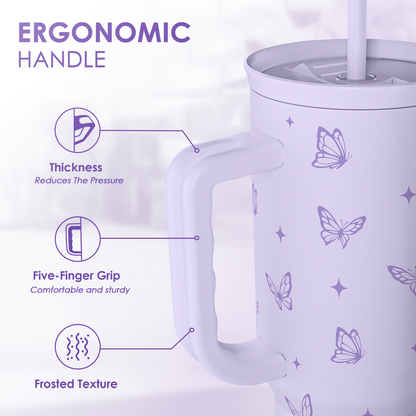 Purple tumbler with ergonomic handle and butterfly pattern; close view of side grip.