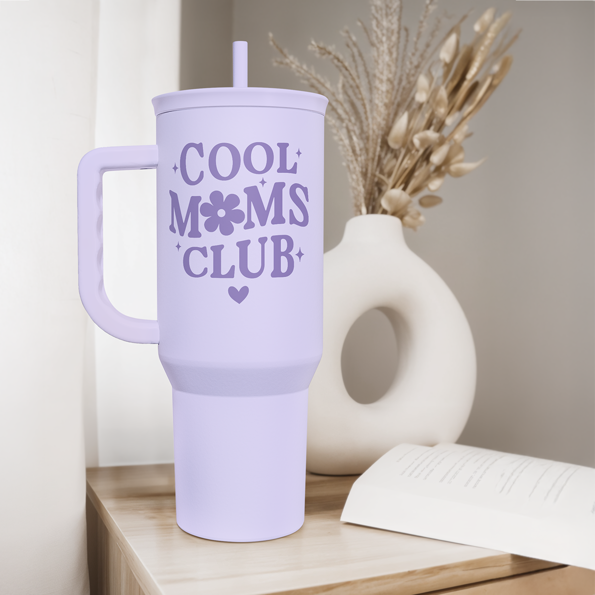 Lavender 40oz tumbler with handle, straw, and COOL MOMS CLUB logo