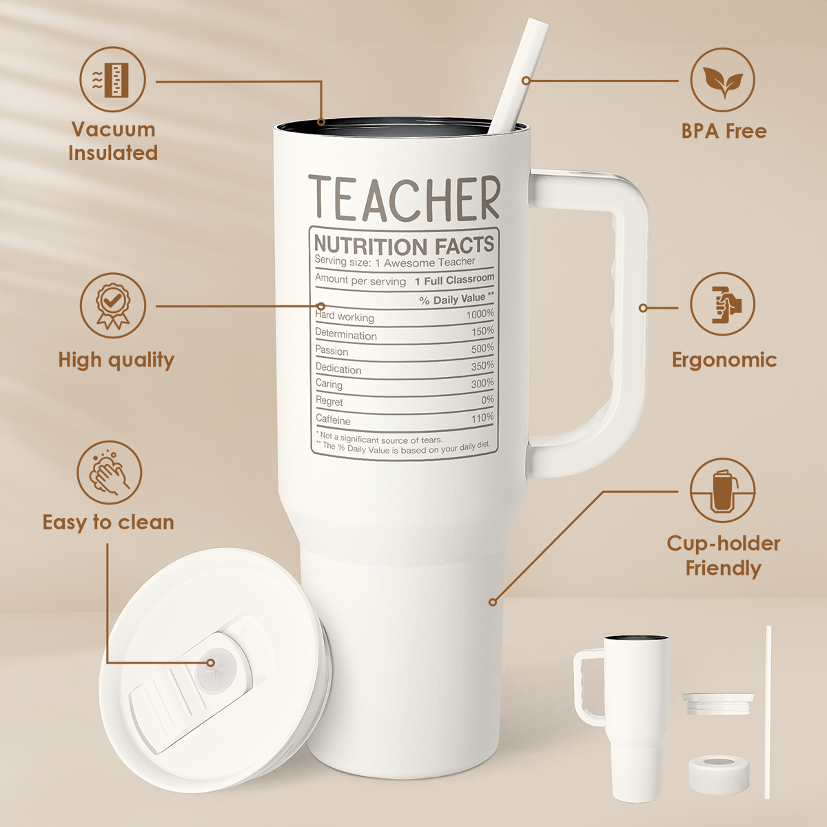 White 40oz tumbler with handle and straw, slide lid and teacher nutrition label