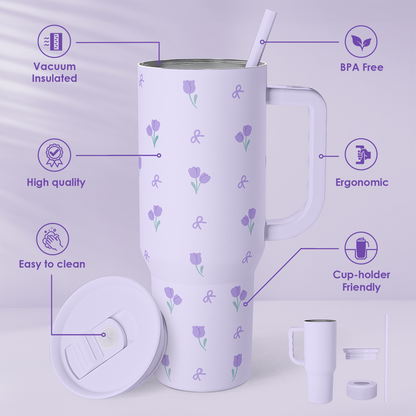 Purple floral 40oz tumbler with handle and straw, shown with slide lid details