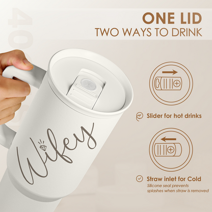 White tumbler with slide lid and drinking straw inlet, wife print on front