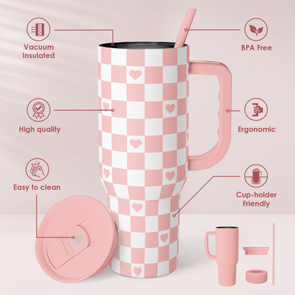 Coral checker heart 40oz tumbler with handle and straw, vacuum-insulated design