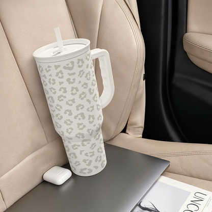 40oz white tumbler with gray leopard print, straw and side handle