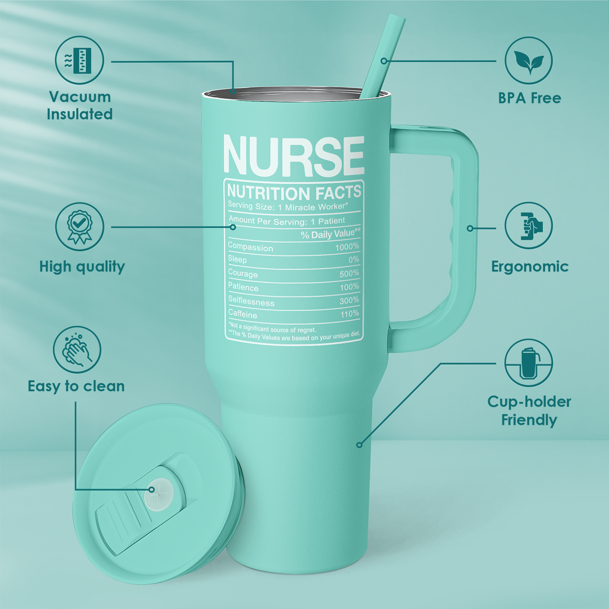 Mint nurse tumbler back panel with nutrition facts and built-in carry handle