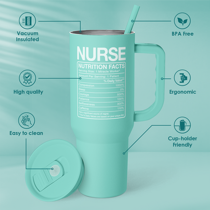 Mint nurse tumbler back panel with nutrition facts and built-in carry handle