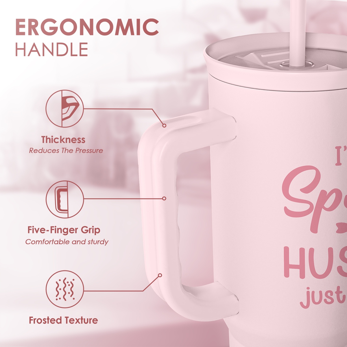 Pink tumbler handle with ergonomic five-finger grip shape for comfortable carrying