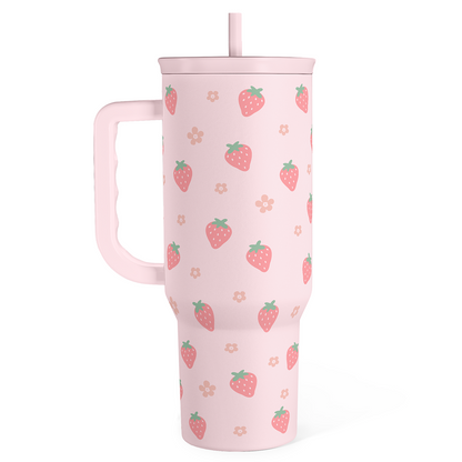 Pink strawberry-pattern 40oz slider tumbler with handle and straight straw