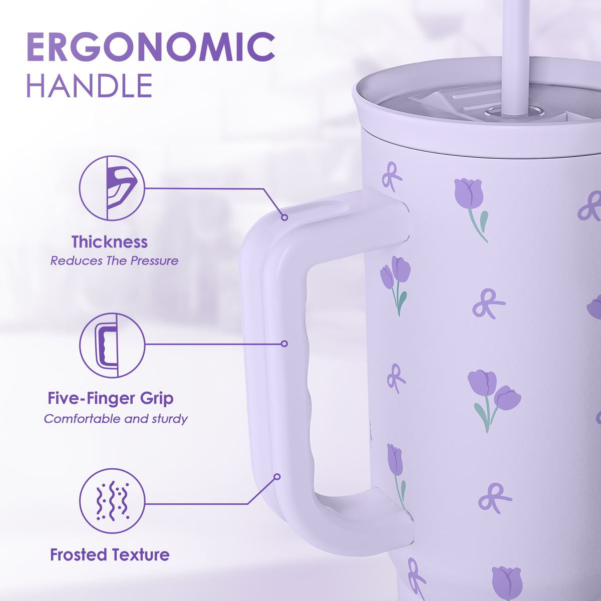 Purple floral 40oz tumbler featuring ergonomic handle grip with frosted-textured design