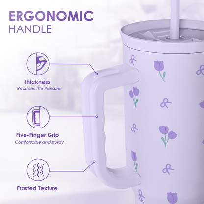 Purple floral 40oz tumbler featuring ergonomic handle grip with frosted-textured design