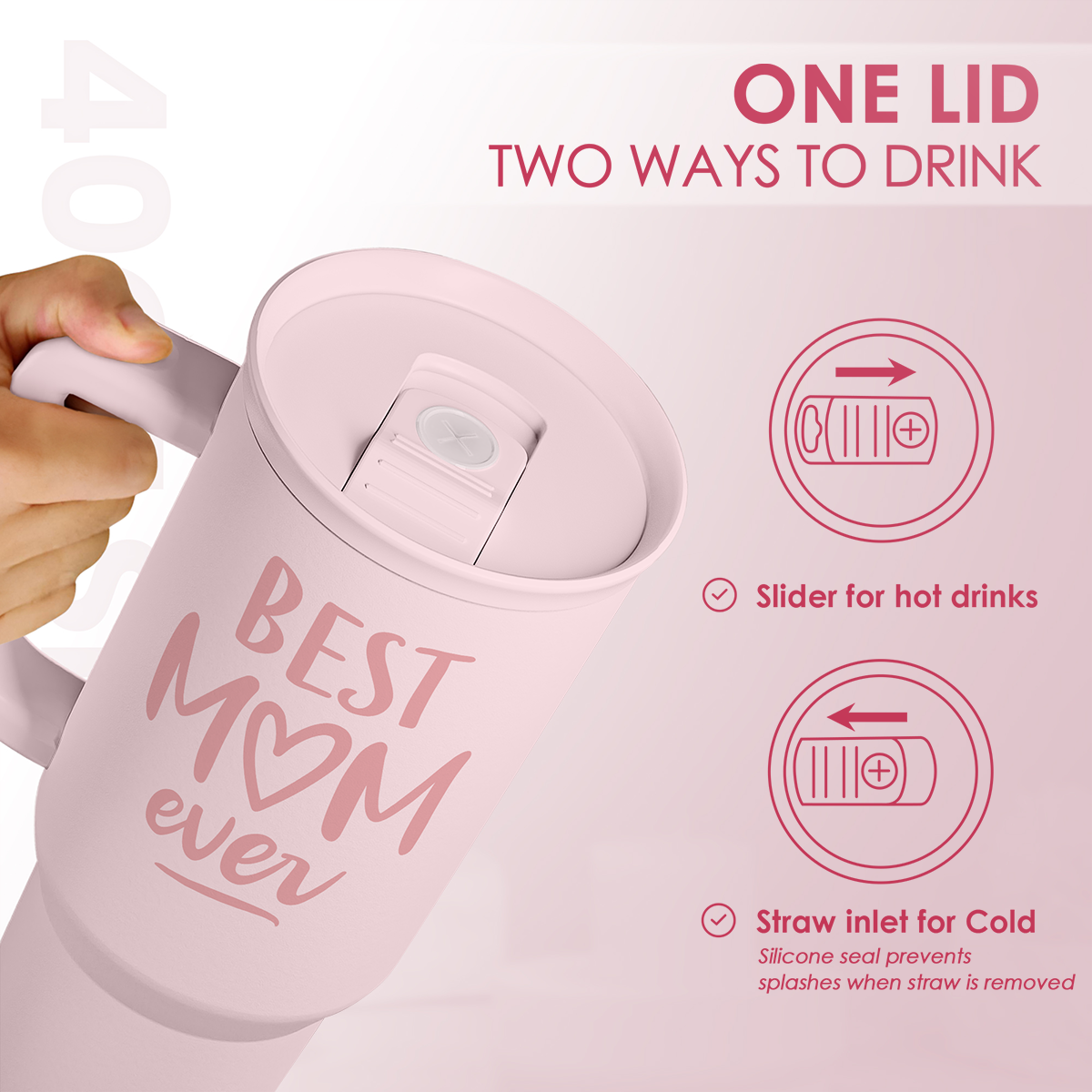 Pink tumbler with slider lid and straw inlet, 'Best Mom ever' print