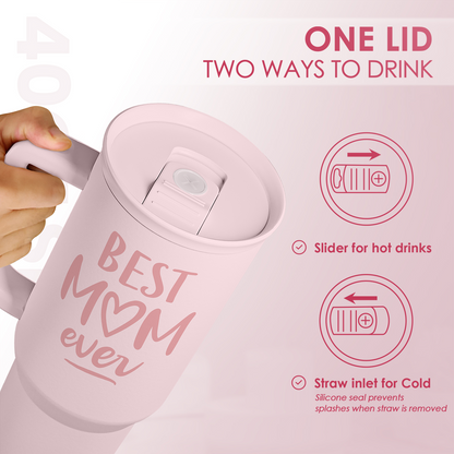 Pink tumbler with slider lid and straw inlet, 'Best Mom ever' print