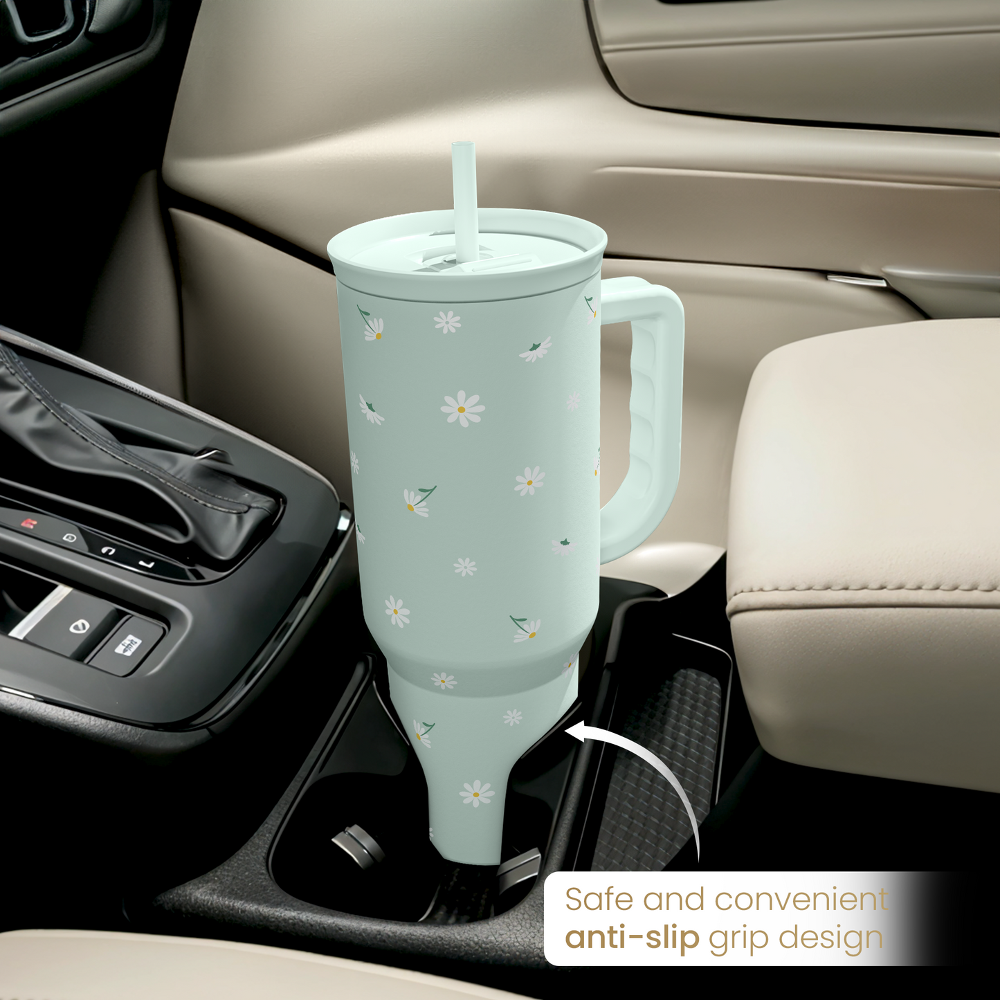 Mint daisy 40oz tumbler in car cup holder with anti-slip grip design