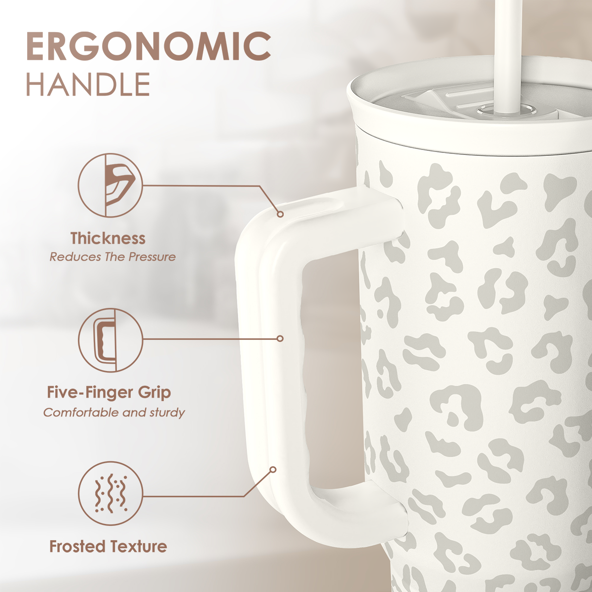 40oz white tumbler with gray leopard print, ergonomic handle with details