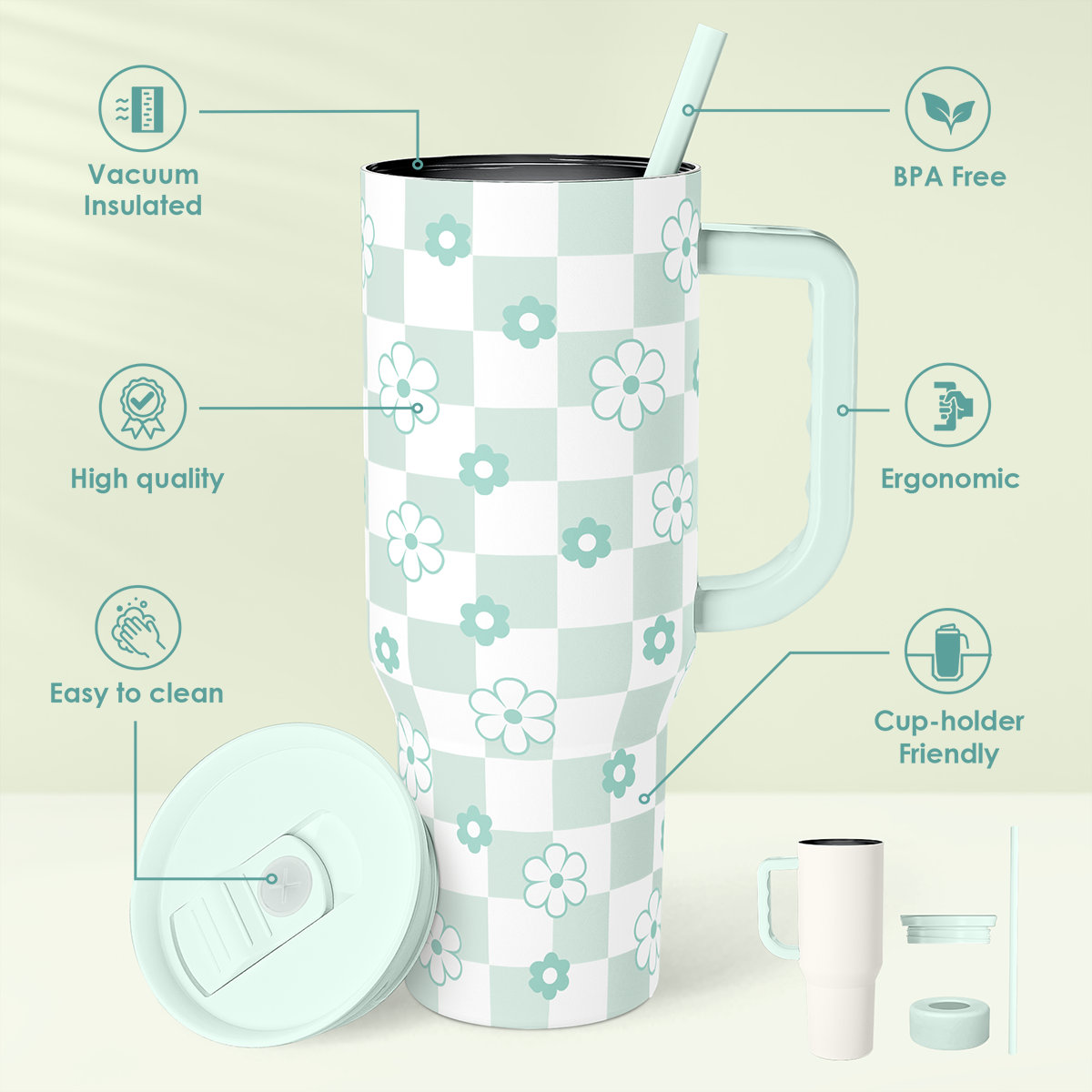 40oz mint checker daisy tumbler with handle, lid, and straw pieces
