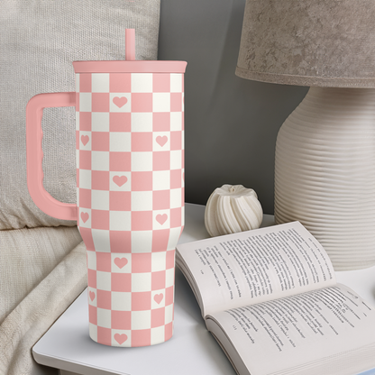 Coral and white checker heart tumbler with handle and straw, pink top lid