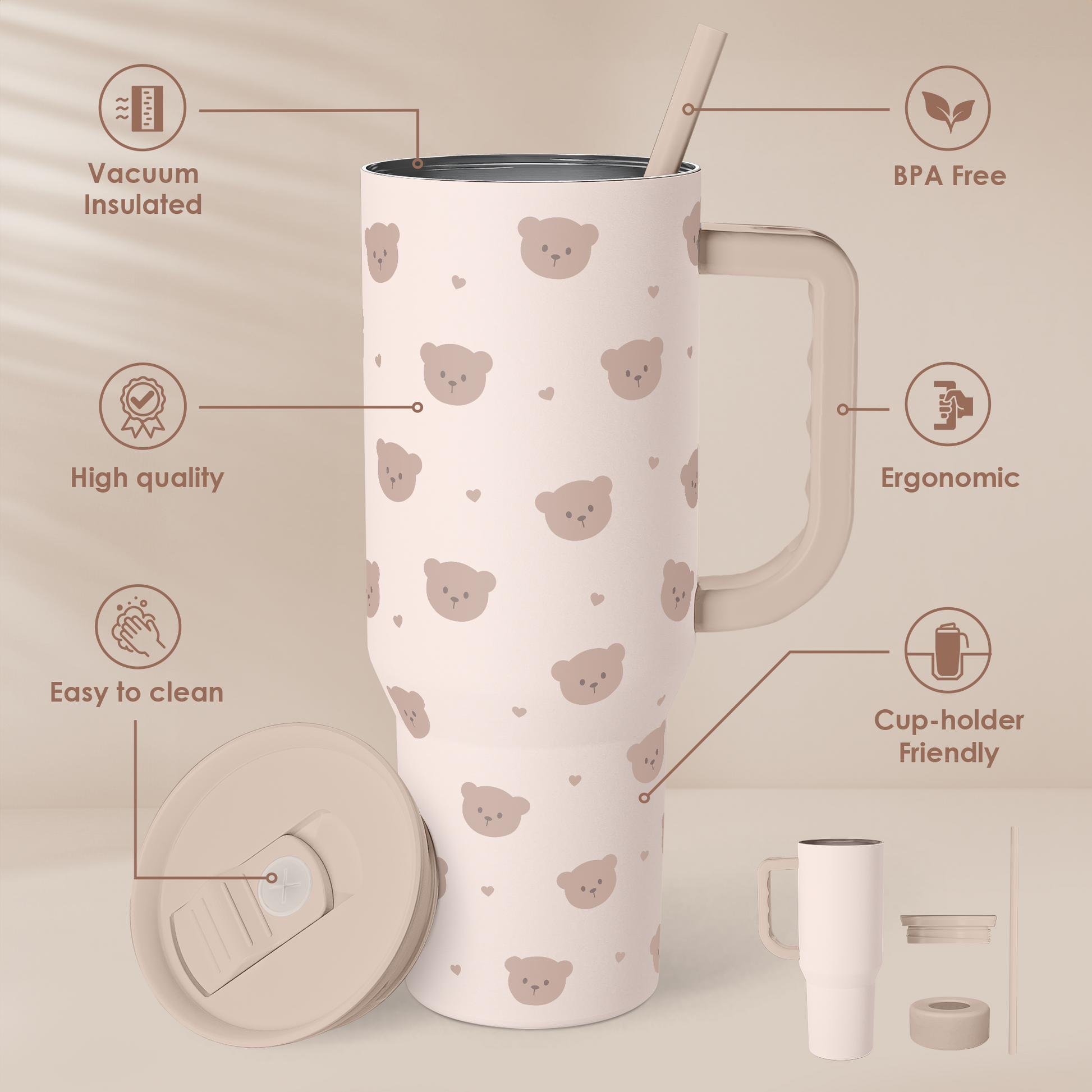 40oz slider tumbler with handle in beige, brown bear print, straw and snap-on lid