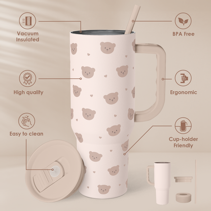 40oz slider tumbler with handle in beige, brown bear print, straw and snap-on lid