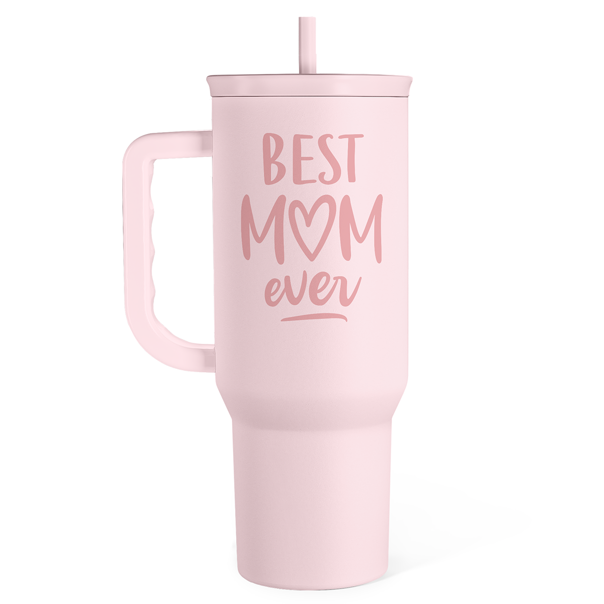Pink 40oz slider tumbler with handle, 'Best Mom ever' design and pink lid straw