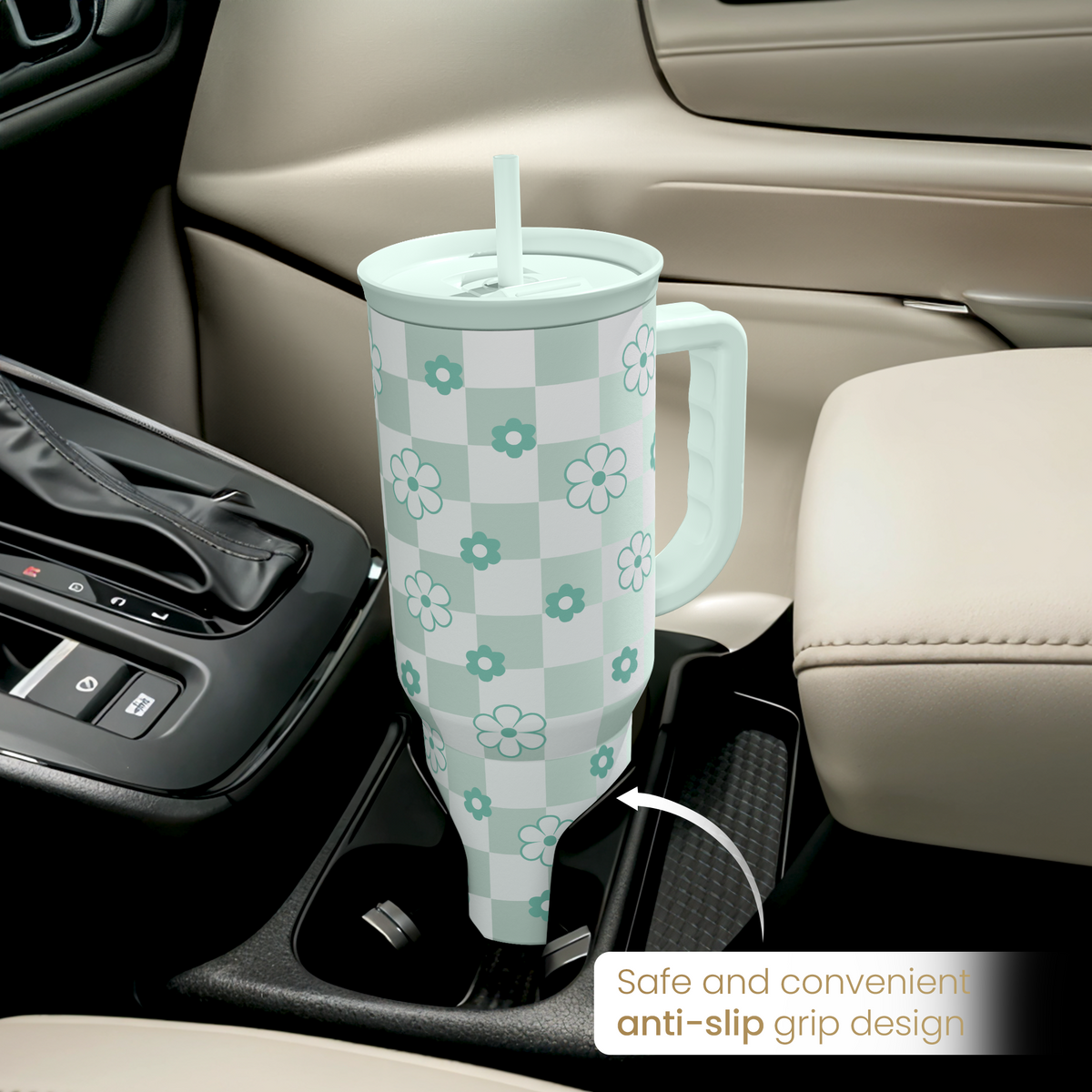 40oz mint checker daisy tumbler with handle and straw in mint check pattern