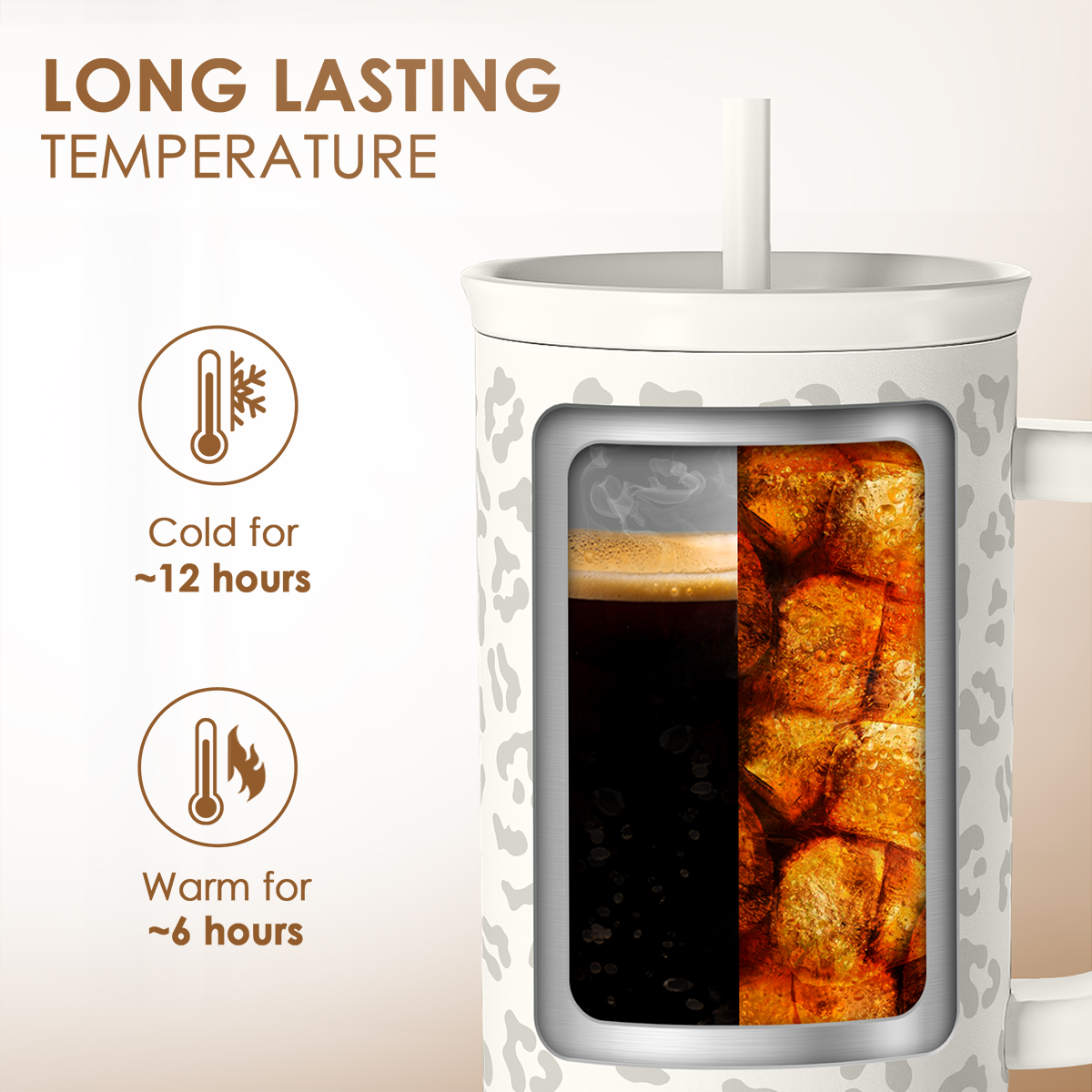 40oz white tumbler with gray leopard print and straw, window shows drinks