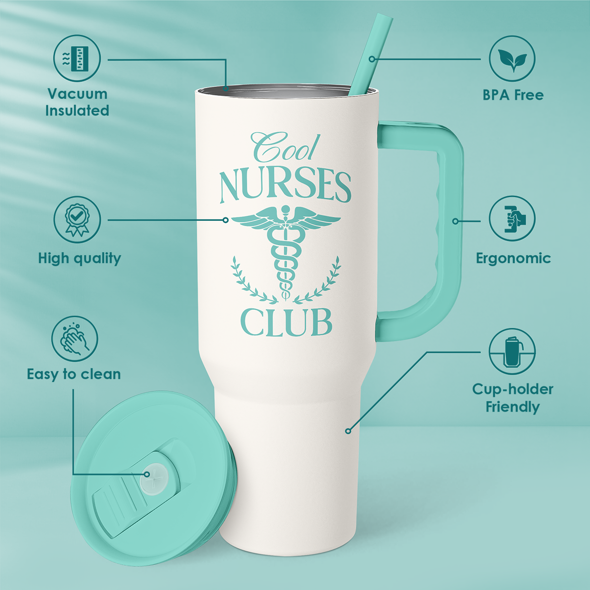 40oz mint handled tumbler with straw, Cool Nurses Club graphic