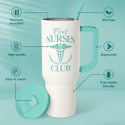40oz mint handled tumbler with straw, Cool Nurses Club graphic