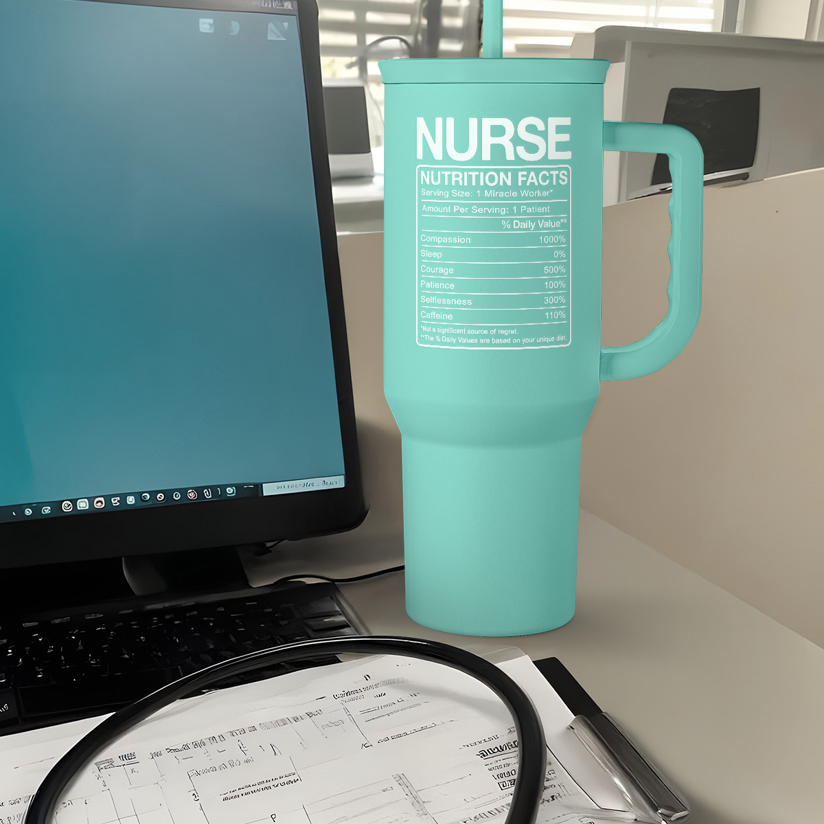 Mint nurse tumbler on desk with nutrition facts panel facing forward